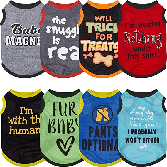 Photo 1 of 8 Pieces Dog Shirts Pet Printed Clothes with Funny Letters Summer Pet T Shirts Cool Puppy Shirts Breathable Dog Outfit Soft Dog Sweatshirt for Pet Dogs Cats (Classic Pattern,Small)