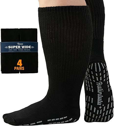 Photo 1 of Bulinlulu Extra Wide Socks for Swollen Feet-4 Pairs Extra Wide Diabetic Socks for Men,Extra Wide Hospital Bariatric Socks Non Slip Diabetic Edema Socks Women,Cast Socks Lymphedema Socks-4 Black