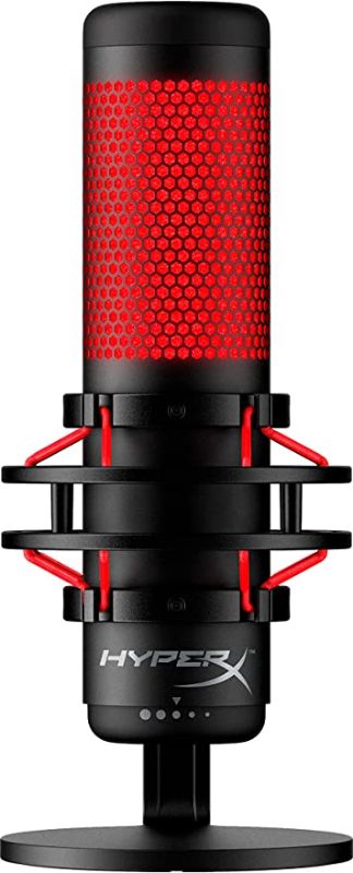Photo 1 of HyperX QuadCast - USB Condenser Gaming Microphone, for PC, PS4, PS5 and Mac, Anti-Vibration Shock Mount, Four Polar Patterns, Pop Filter, Gain Control, Podcasts, Twitch, YouTube, Discord, Red LED
