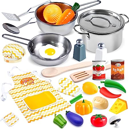 Photo 1 of JOYIN Kid Play Kitchen, Pretend Daycare Toy Sets, Kids Cooking Supplies with Stainless Steel Cookware Pots and Pans Set, Cooking Utensils, Apron&Chef Hat and Grocery Play Food Sets, Toddler Gifts
