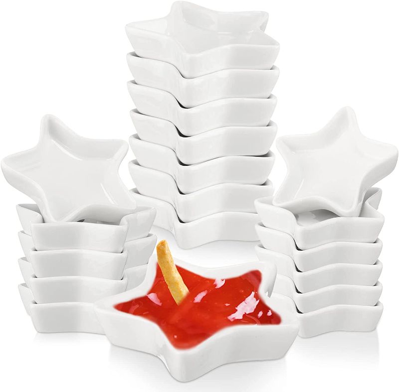 Photo 1 of 12 Pcs Ceramic Dipping Bowls 3.5'' Star Soy Sauce Dish Star Dipping Sauce Cups White Star Sauce Bowls Star Shaped Small Dish for Serving Appetizer Seasoning Sushi Sauce Soy Sauce Condiment Chips BBQ
