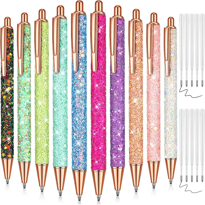 Photo 1 of 30 Pcs Fancy Pens for Women Set 10 Pretty Cute Sparkly Pens Glitter Ballpoint Pens Retractable Writing Pens 20 Replacement Refills Black and Blue Ink Medium Point 1.0 mm Journaling Pens for Girl
