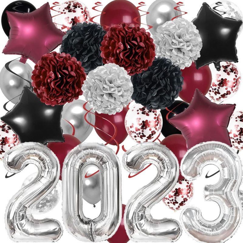 Photo 1 of 2023 Graduation Decorations Maroon Black Silver Balloon Kits- 40" Silver 2023 Balloons Foil Balloons Paper Pompoms Hanging Swirl for Class of 2023 Party Decorations Burgundy Graduation Party Supplies
