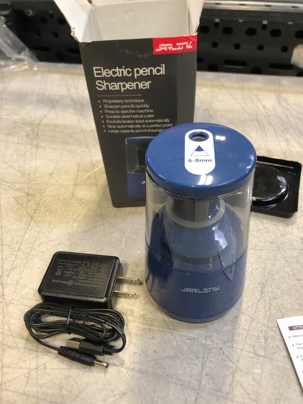 Photo 2 of JARLINK Electric Pencil Sharpener, Classroom Pencil Sharpeners, Auto Stop for 6-8mm No.2/Colored Pencils, Electric Pencil Sharpener Plug in/USB/Battery Operated in School/Office/Home (Blue)