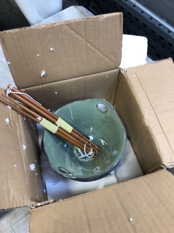 Photo 2 of UNICASA Japanese Ramen Bowl Set with Chopsticks, Spoons and Rests, 20oz Deep Porcelain Noodle Bowl Set of 2 for Udon, Pho, Salad, Soup (Reactive Green) 20oz Green