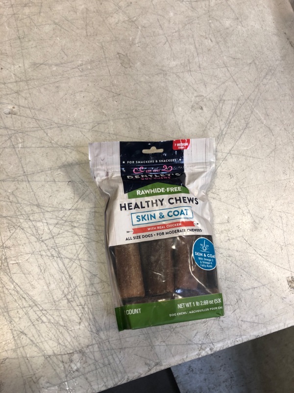 Photo 1 of Dentley's Skin & Coat Rawhide-Free Healthy Chews with Real Chicken 7 Count and 1 Dog Waste Roll EXP3/2024