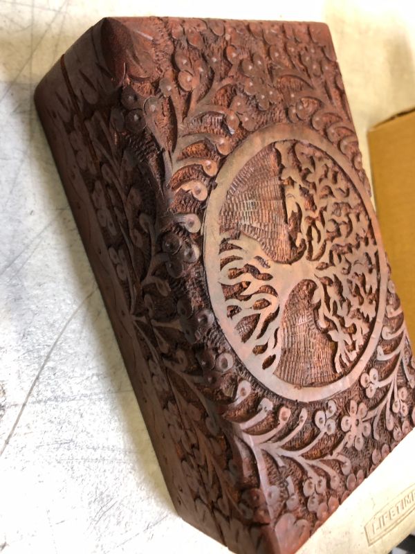 Photo 3 of Ajuny Indian Wooden Handcarved Tree Pattern Jewelry Storage Holder Box Gift For Women 8x5x2.5 Inch
