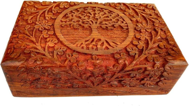 Photo 1 of Ajuny Indian Wooden Handcarved Tree Pattern Jewelry Storage Holder Box Gift For Women 8x5x2.5 Inch
