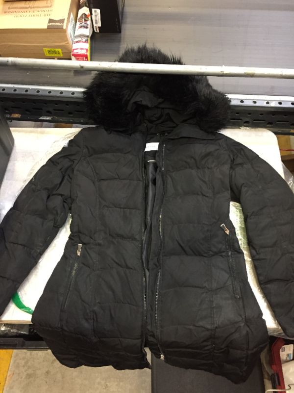 Photo 2 of Calvin Klein Women's Quilted Faux Fur Trim Hooded Puffer Coat Medium Black