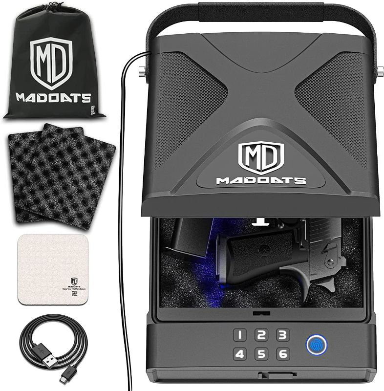 Photo 1 of MD MADOATS Car Gun Safe - Portable Gun Safes for Pistols, Biometric Handgun Safe Quick Access with Fingerprint & Touch Sensitive Keypad, Lightweight Gun Lock Box for Vehicle, Travel, Shooting Range
