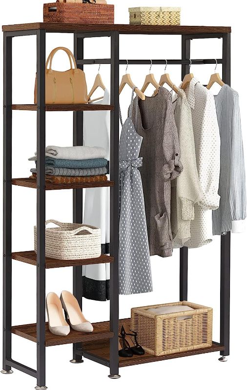 Photo 1 of 
VECELO Free-Standing Heavy Duty Vintage Closet/Storage Organizer for Bedroom Clothes Garment Rack with Shelves and Hanging Rod, Dark Brown
Style:Garment Rack