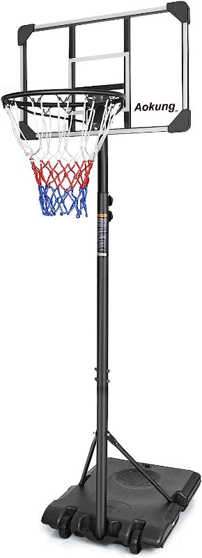 Photo 1 of AOKUNG Teenagers Youth Height Adjustable 5.6 to 7ft Basketball Hoop 28 Inch Backboard Portable Basketball Goal System with Stable Base and Wheels, use for Indoor Outdoor
