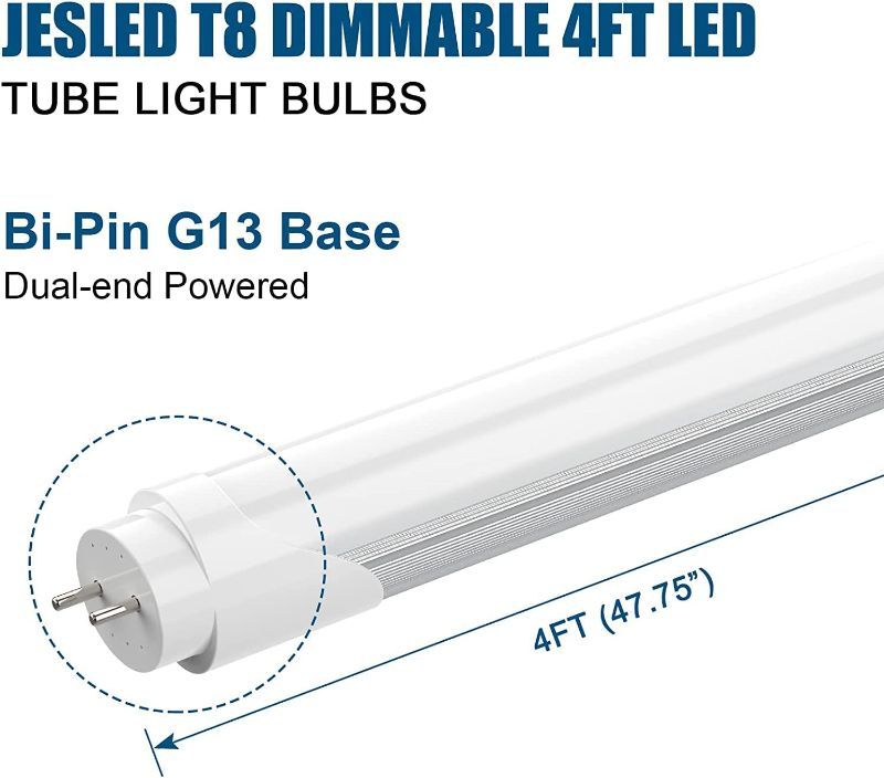 Photo 1 of JESLED Dimmable T8 LED Type B Light Bulbs 4 Foot, 3120+Lumens, 5000K Daylight White, 24W (65W Equivalent), 4FT Fluorescent Tube Replacement, Ballast Bypass, Dual Ended Power, Frosted