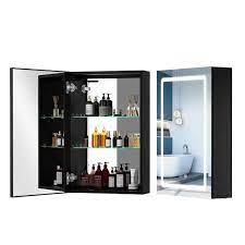 Photo 1 of 20 in. W x 29.5 in. H Medium Rectangular Black Aluminum Surface Mount LED Medicine Cabinet with Mirror and Anti-Fog
