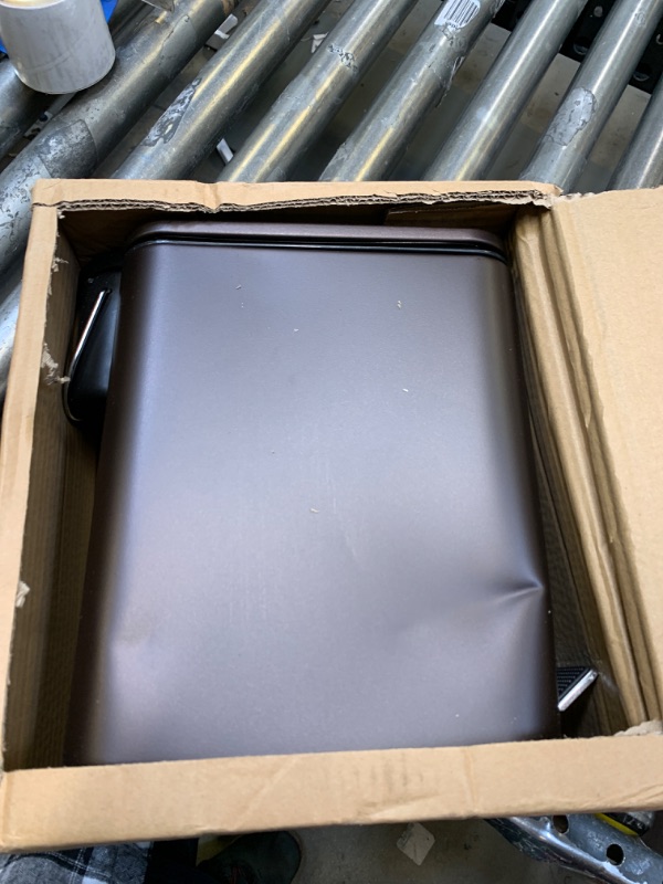 Photo 1 of mDesign Slim Metal Rectangle 1.3 Gallon Trash Can with Step Pedal, Easy-Close Lid, Removable Liner - Narrow Wastebasket Garbage Container Bin for Bathroom, Bedroom, Kitchen, Office - Bronze 1 Bronze