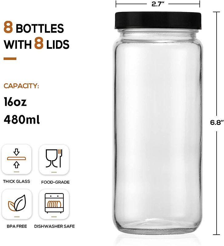 Photo 1 of [ 8 Pack ] Glass Juicing Bottles with 2 Straws & 2 Lids w Hole- 16 OZ Travel Drinking Jars, Water Cups with Black Airtight Lids, Reusable Tall Mason Jar for Juice, Boba, Smoothie, Tea, Kombucha
