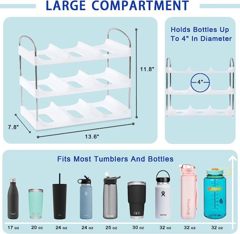 Photo 1 of [ Large Compartment ] 3 Tier Water Bottle Organizer for Cabinet - 9 Bottle Holder for Tumblers, Cups, Wine Bottles - Kitchen Organization Shelf Rack for Countertop, Cupboard - Multiuse Home Storage
