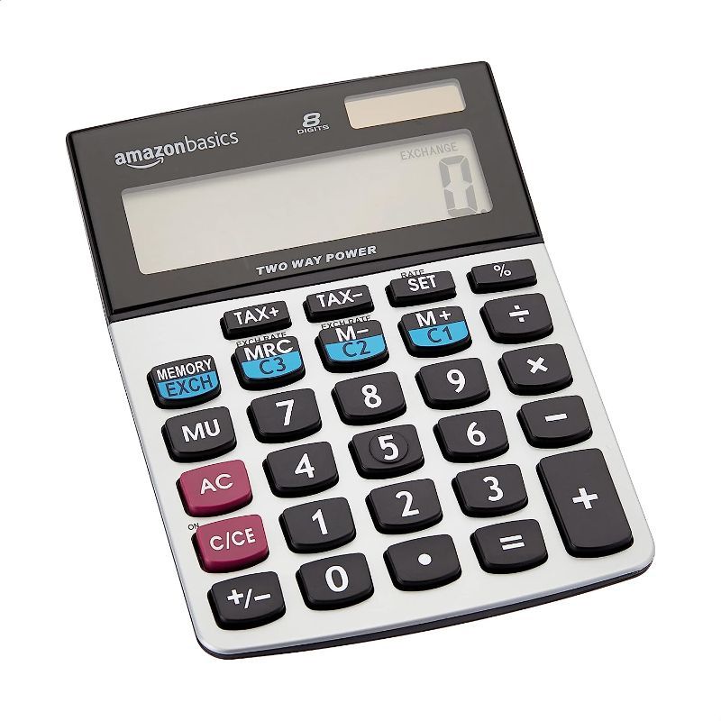 Photo 1 of Amazon Basics LCD 8-Digit Desktop Calculator, 1 Pack, Small, Silver
