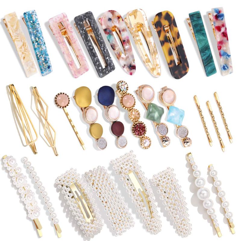 Photo 1 of 28 PCS Hingwah Pearls and Acrylic Resin Hair Clips, Handmade Hair Barrettes, Marble Alligator bobby pins, Glitter Crystal Geometric Hairpin, Elegant Gold Hair Accessories, Gifts for Women Girls