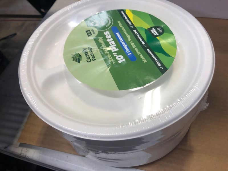 Photo 2 of 100% Compostable 10 inch Heavy-Duty Plates 3 Compartment [125 Pack]