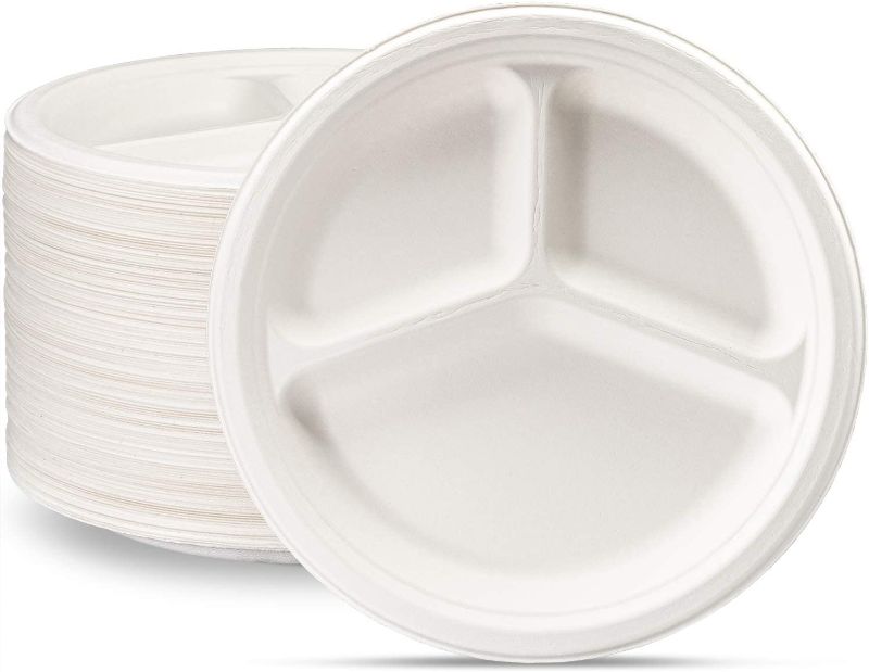 Photo 1 of 100% Compostable 10 inch Heavy-Duty Plates 3 Compartment [125 Pack]