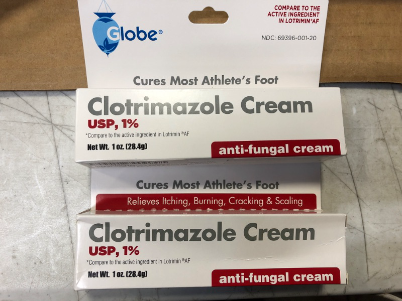 Photo 1 of 2pcs Globe Clotrimazole Cream 1% (1 oz) Relieves The itching, Burning, Cracking and Scaling associated Athletes Foot, Jock Itch, Ringworm and More.--exp date 02/2026
