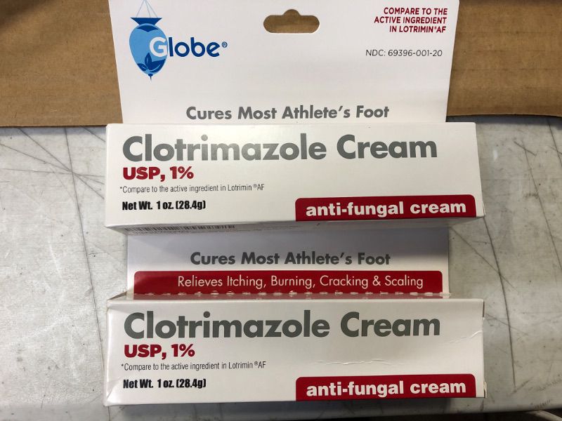 Photo 2 of 2pcs Globe Clotrimazole Cream 1% (1 oz) Relieves The itching, Burning, Cracking and Scaling associated Athletes Foot, Jock Itch, Ringworm and More.--exp date 02/2026
 