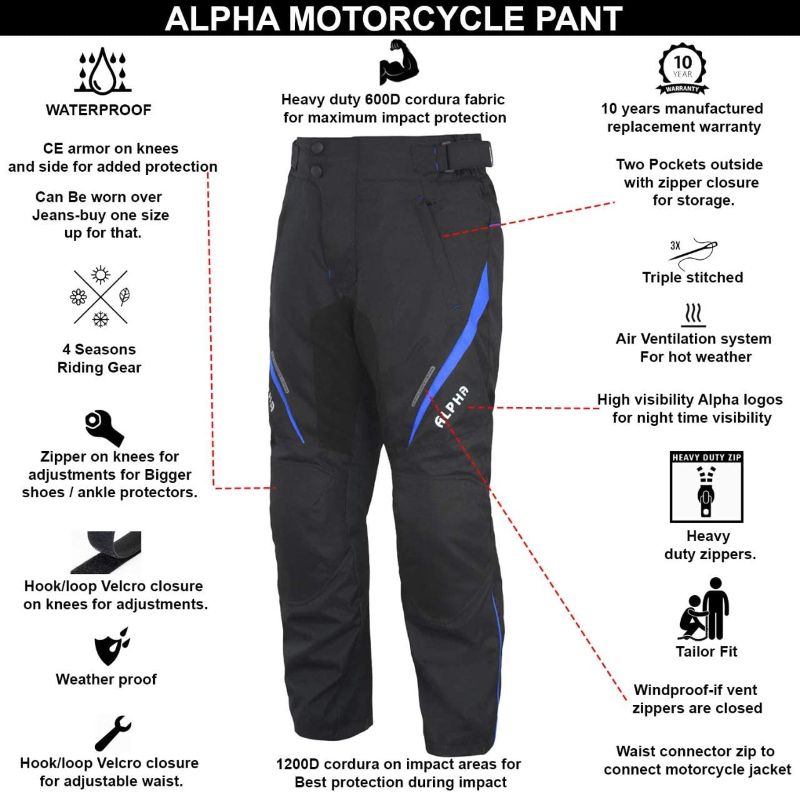 Photo 1 of All Season Motorcycle Pants Men Motocross Offroad Overpants Touring Adventure Dual Enduro Waterproof CE Armor (Blue, Waist 34"-36" Inseam 32") Blue 34W x 32L