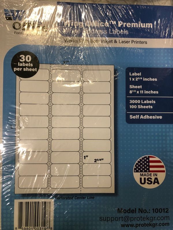 Photo 1 of Wing Office Premium Self-Adhesive Address Labels for Laser Printers and Ink Jet Printers, White, Made in USA, 1 x 2.62 Inches