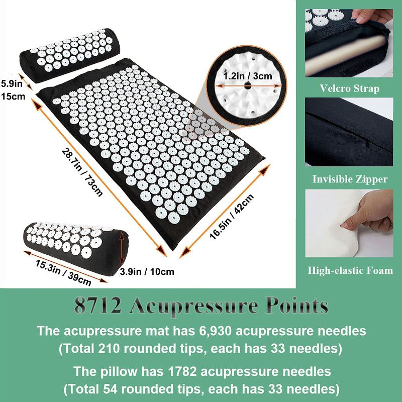 Photo 1 of Acupressure Mat and Pillow Set with Bag - Large Size 28.7 X 16.5 inch Acupuncture Mat for Neck & Back Pain, Muscle Relaxation Stress Relief, Sciatica Pain Relief Pillow (Black)