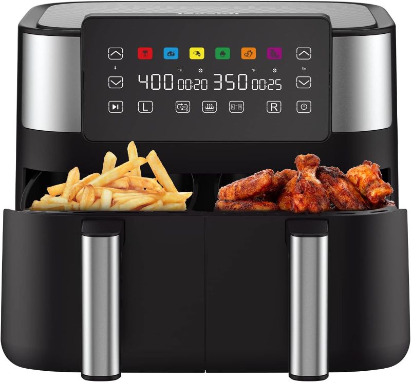 Photo 1 of JOYAMI 8 Quart Dual Air Fryer with 2 Baskets, Dual Zone Sync-Finish Function, Nonstick and Dishwasher Safe, 6-in-1 Airfryer for Air Fry, Bake, Dehydrate, Roast, Broil & More, 1800W, Black
