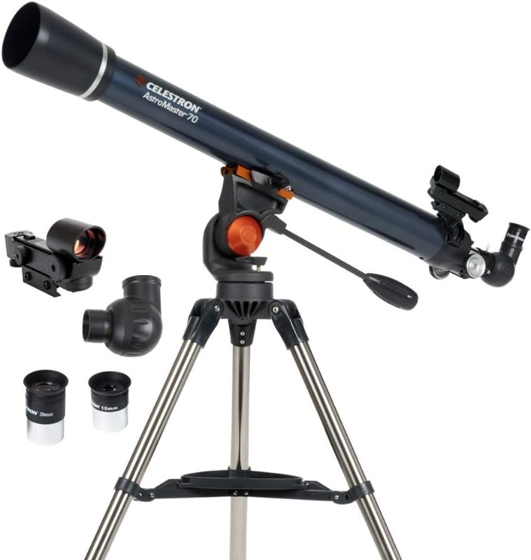 Photo 1 of Celestron - AstroMaster 70AZ Telescope - Refractor Telescope - Fully Coated Glass Optics - Adjustable Height Tripod – Bonus Astronomy Software Package
