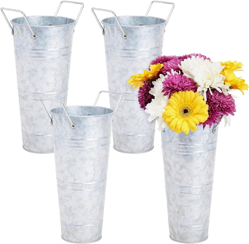 Photo 1 of 7 Pack 10 Inch Galvanized Flower Buckets with Handles for Rustic-Style Farmhouse Decor, Metal Vases for Planter, Centerpieces, Floral Wedding Arrangements
