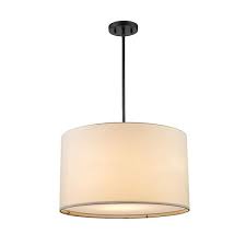 Photo 1 of 2-Light Black Hanging Pendant Light Fixture with Linen Drum Shade
