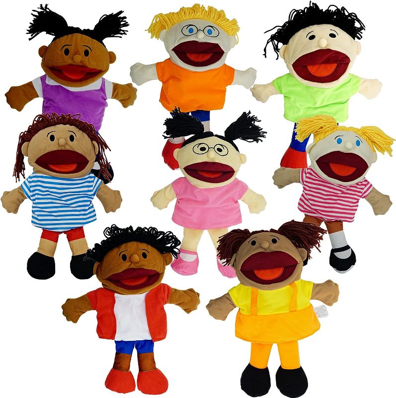 Photo 1 of 8 Hand Puppets for Kids, Multicultural Puppets with Movable Mouth (8 Pack) Bulk Soft Plush Puppets, School Home Puppet Theater Shows Toys, Teachers Classroom Supplies
