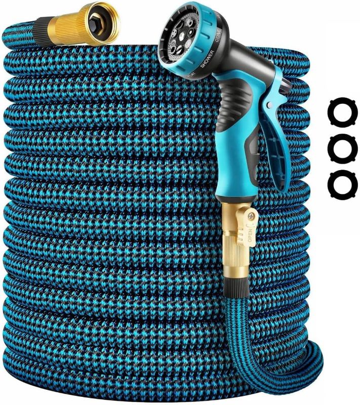 Photo 1 of 100 ft Expandable Garden Hose - New Flexible Water Hose 100ft with 10 Pattern Spray Nozzle, 3/4 Solid Brass Connectors, Retractable Latex Core - Lightweight Expanding Hose
