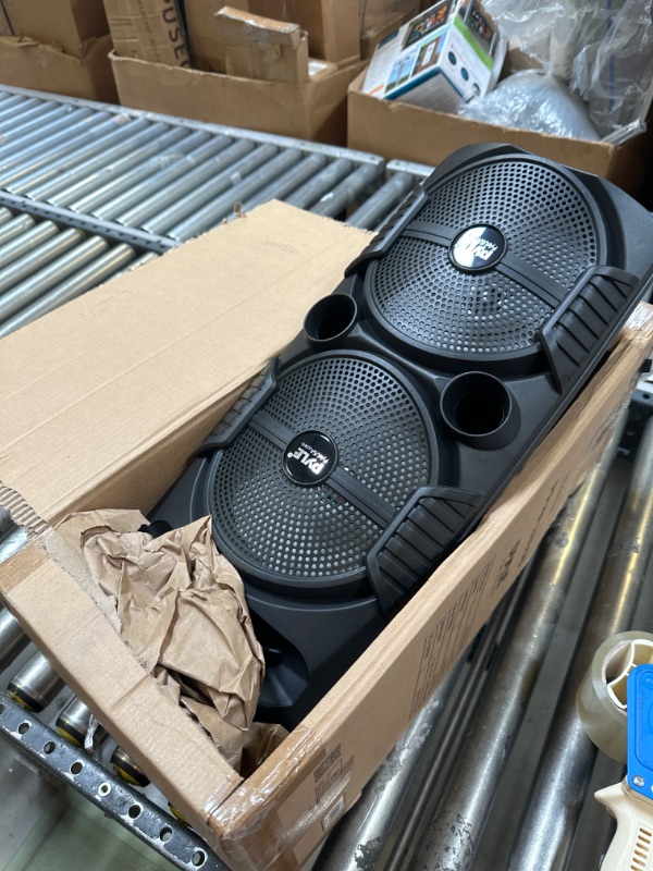 Photo 2 of Pyle Portable Bluetooth PA Speaker System - 600W Rechargeable Outdoor Bluetooth Speaker Portable PA System w/ Dual 8” Subwoofer 1” Tweeter, Microphone In, Party Lights, USB, Radio, Remote - PPHP2835B -- missing charger 