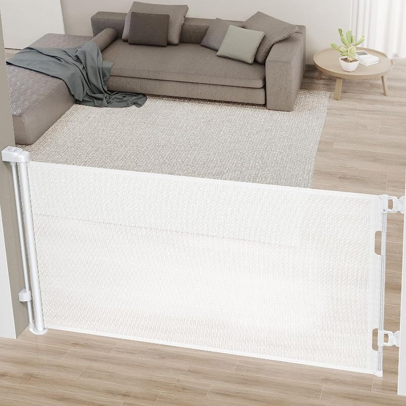 Photo 1 of Cumbor Baby Gate Retractable Gates for Stairs, Mesh Dog Gate for The House, Wide Pet Gate 33" Tall, Extends to 55" Wide, Long Child Safety Gates for Doorways, Hallways, Cat Gate Indoor/Outdoor(White)
