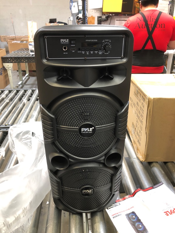 Photo 2 of Pyle Portable Bluetooth PA Speaker System - 600W Rechargeable Outdoor Bluetooth Speaker Portable PA System w/ Dual 8” Subwoofer 1” Tweeter, Microphone In, Party Lights, USB, Radio, Remote - PPHP2835B