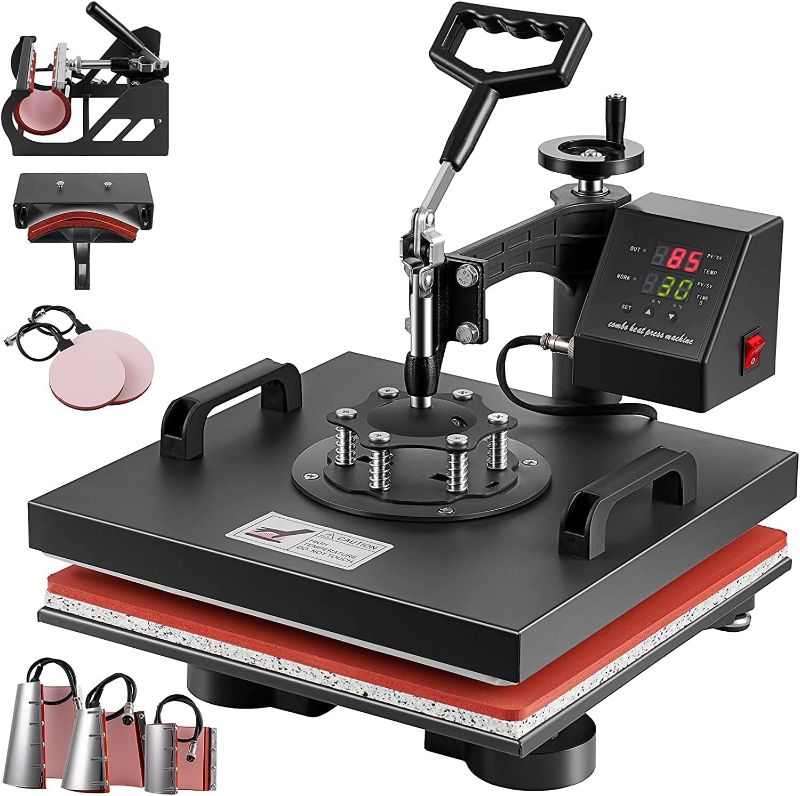 Photo 1 of  Versatile 8-in-1 Heat Press Machine Swing-Away Design, 15x15 Inch Heat Transfer Machine for T-Shirts, Hats, Mugs, and Plates
MISSING PIECES / HARDWARE UNABLE TO TEST, FOR PARTS ONLY*************
