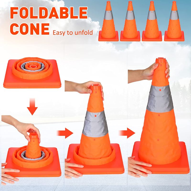 Photo 1 of 1 PC Collapsible Traffic Cones 18 Inch Foldable Road Cones Parking Cone Driving Cone Safety Cone Construction Cone with Reflective Collars for Parking Driving Traffic Remind People, Orange and Grey