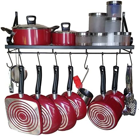 Photo 1 of 30" Wall mounted pots and pans rack. Pot holders wall shelves with 12 hooks. Kitchen shelves wall mounted with wall hooks. Kitchen storage pot holder pot rack. Pot pan organizer. Pot Pan rack.