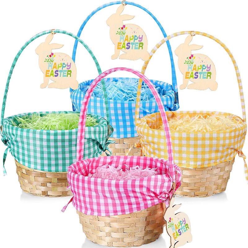 Photo 1 of 4 Pcs Easter Basket Picnic Basket Woven Basket with Handle Wooden Cute Baskets for Wood Basket Picnic Hamper Easter Eggs and Candy Basket with 4 Bags Lafite Grass 4 Pcs Rabbit Wood Chips (Plaid)
