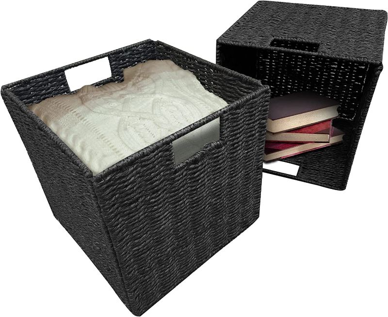 Photo 1 of  Hand-Woven Baskets for Storage, Storage Baskets for Shelves with Built-in Handles, Renewable Paper Rope Woven Square Large Baskets for Organizing