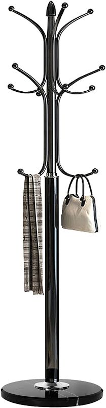 Photo 1 of Kertnic Metal Coat Rack Stand with Natural Marble Base, Free Standing Hall Tree with 12 Hooks for Hanging Scarf, Bag, Jacket, Home Entry-way Hat Hanger Organizer (Black)
