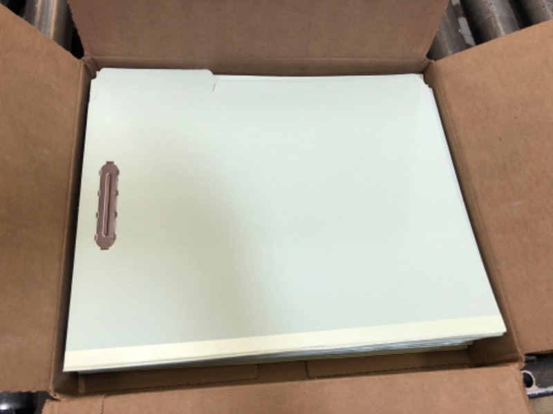 Photo 2 of Amazon Basics Pressboard Fastener Folder - 100% Recycled, 1/3 Tab, 1" Expansion, 2" Fastener, Light Green, Letter, 25Count