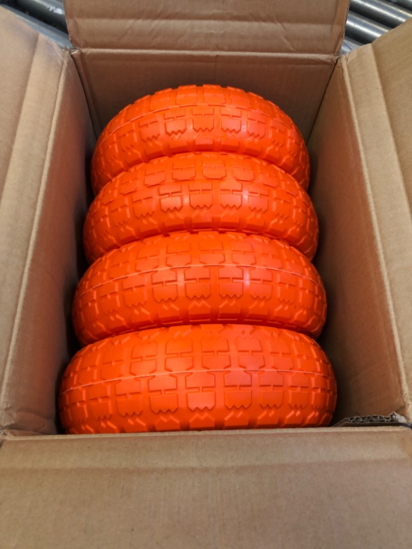 Photo 2 of 10" Flat Free Tires Solid Rubber Tyre Wheels?4.10/3.50-4 Air Less Tires Wheel with 5/8" Center Bearings?for Hand Truck/Trolley/Garden Utility Wagon Cart/Lawn Mower/Wheelbarrow/Generator?4 Pack, Orange 12.4 Pounds Orange