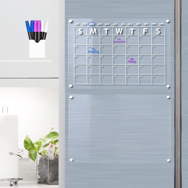 Photo 1 of Acrylic Fridge Calendar l Clear 2 Set Acrylic Calendar Planner Board for Refrigerator | Eco-Friendly Whiteboard 16 x 12 Inches, Calendar Dry Erase Board for Refrigerator, Includes 6 Dry Erase Markers
