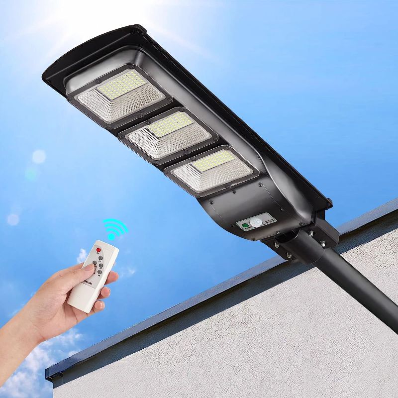 Photo 1 of 300W Solar LED Street Light, 6000K 4000LM Outdoor Solar Powered Street Lights with Motion Sensor and Light Control for Parking Lot, Garage, Home, IP65 Waterproof, Wall or Pole Mount