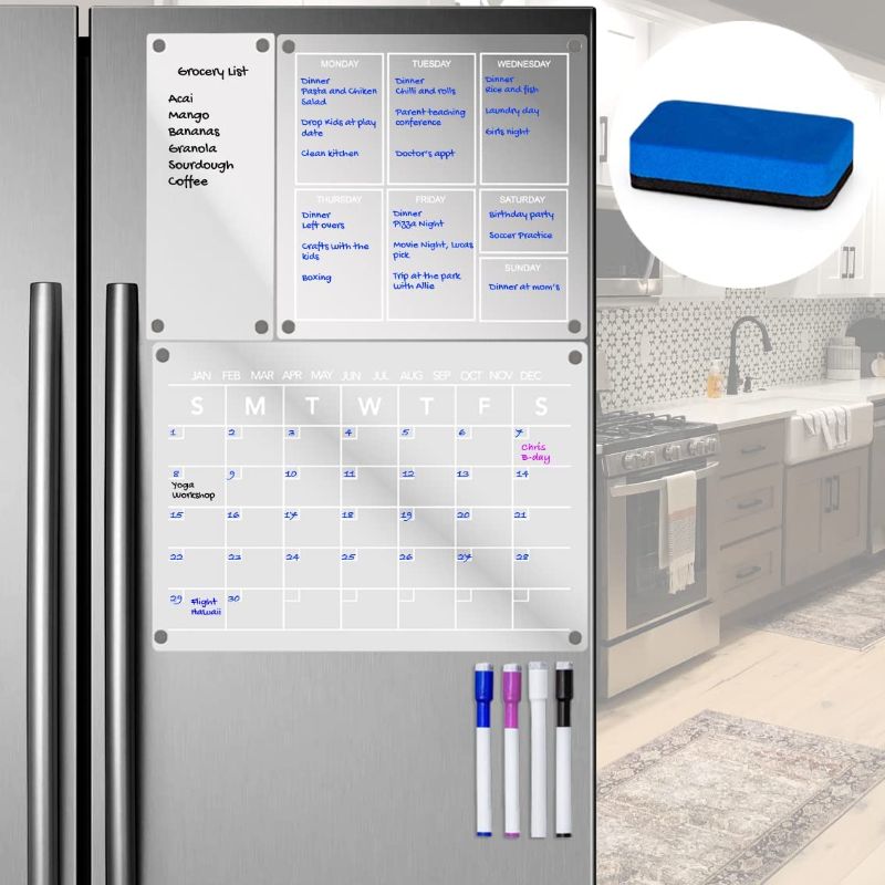 Photo 1 of 3 Planning Boards Clear White Acrylic Magnetic Calendar for Fridge 8pc Set. Monthly Planner, Weekly Magnetic Calendar for Refrigerator, Blank Dry Erase Board for Refrigerator, Magnet Markers, Eraser
